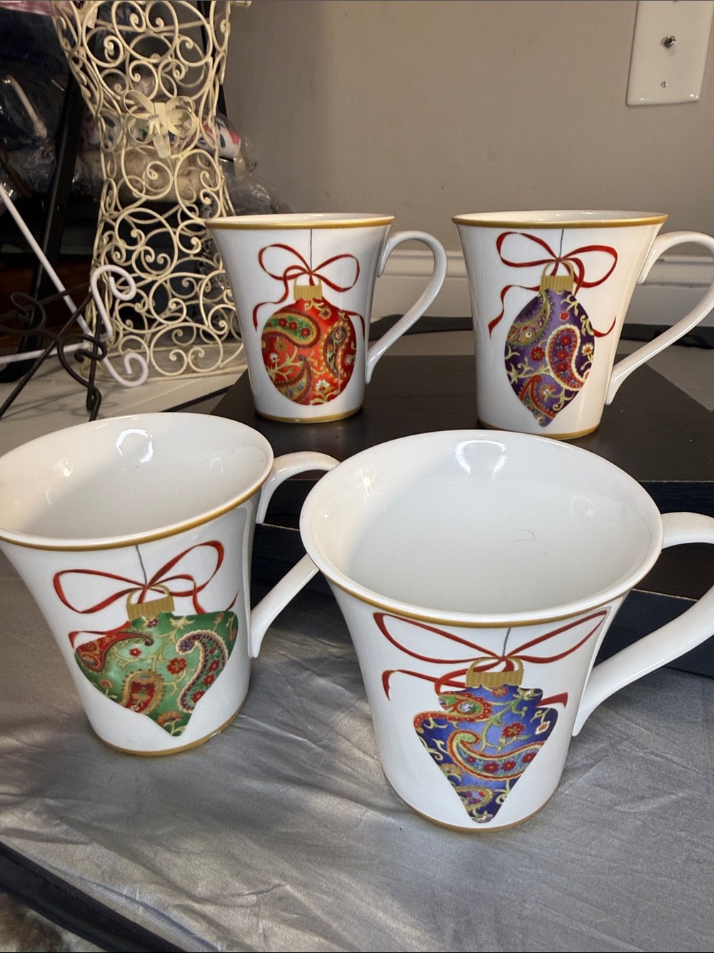 222 Fifth White Bone China Mugs with Multicolor Ornament Motifs and Gold Trim
